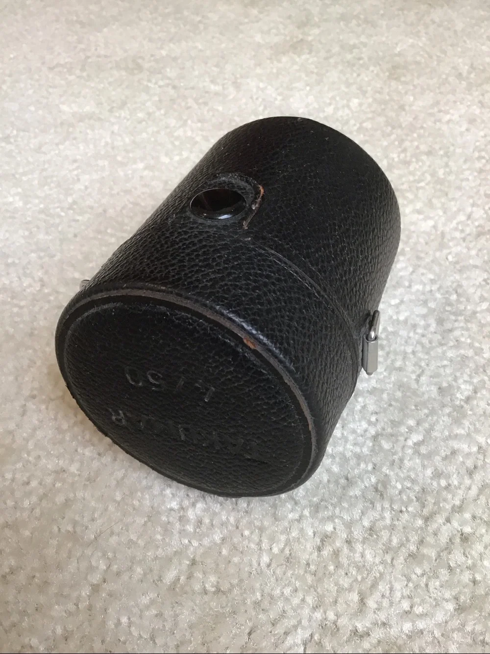 Vintage Takumar Black Textured Leather Lens Case, 3 1/2” tall x 2 3/4” wide